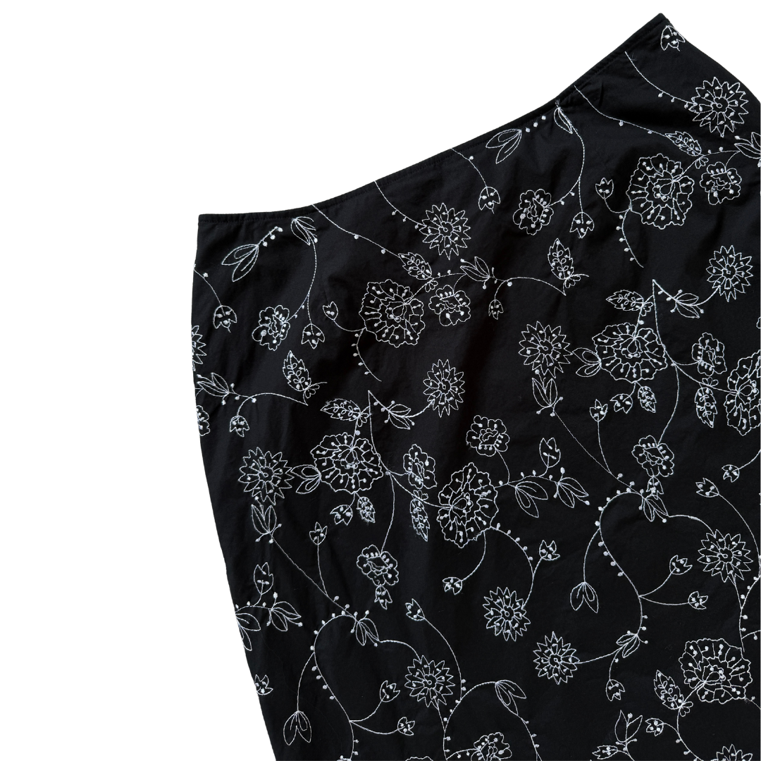 Nygard Collection Black Maxi Skirt with White Embroidered Floral | Large / Extra-Large