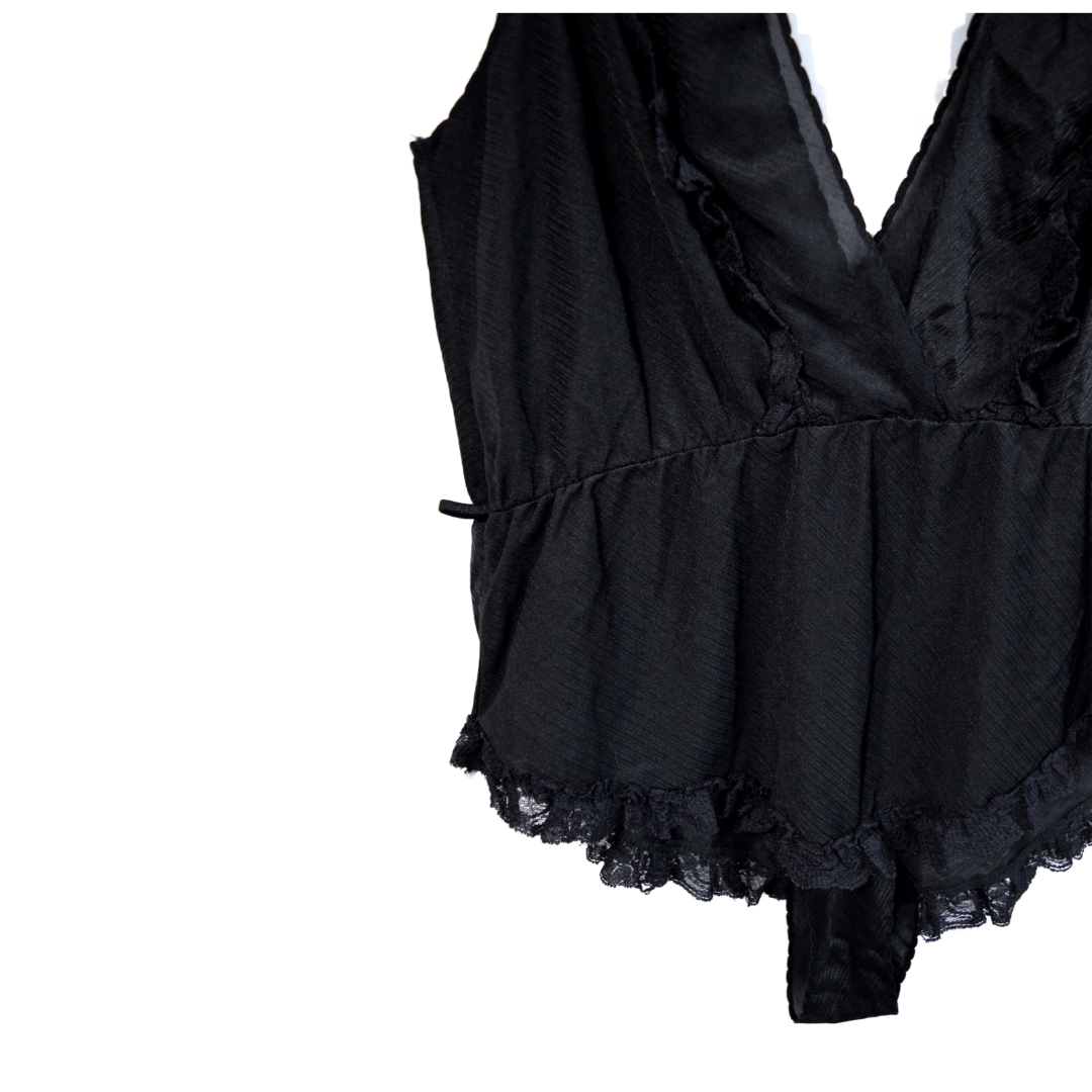 Black Lace Ruffled Body Suit | Medium