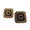 Vintage Black and Gold Tone Square Filigree Cabochon Stud Earrings