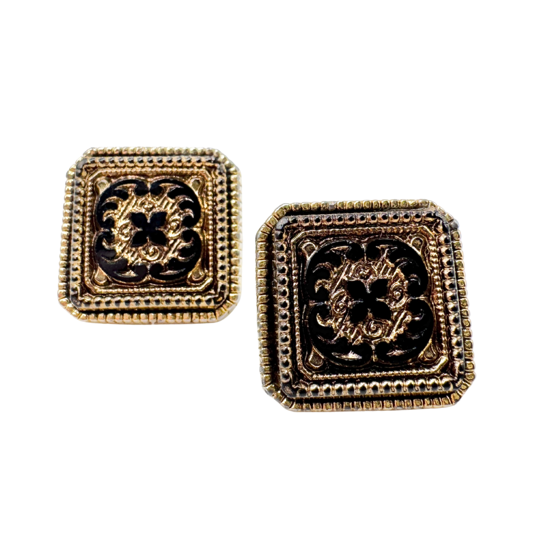 Vintage Black and Gold Tone Square Filigree Cabochon Stud Earrings