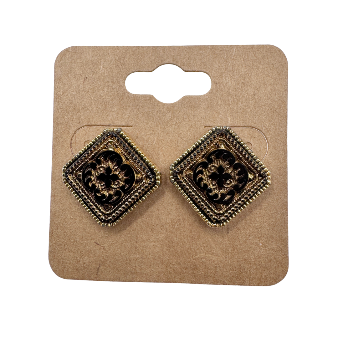 Black and Gold Tone Square Filigree Cabochon Stud Earrings