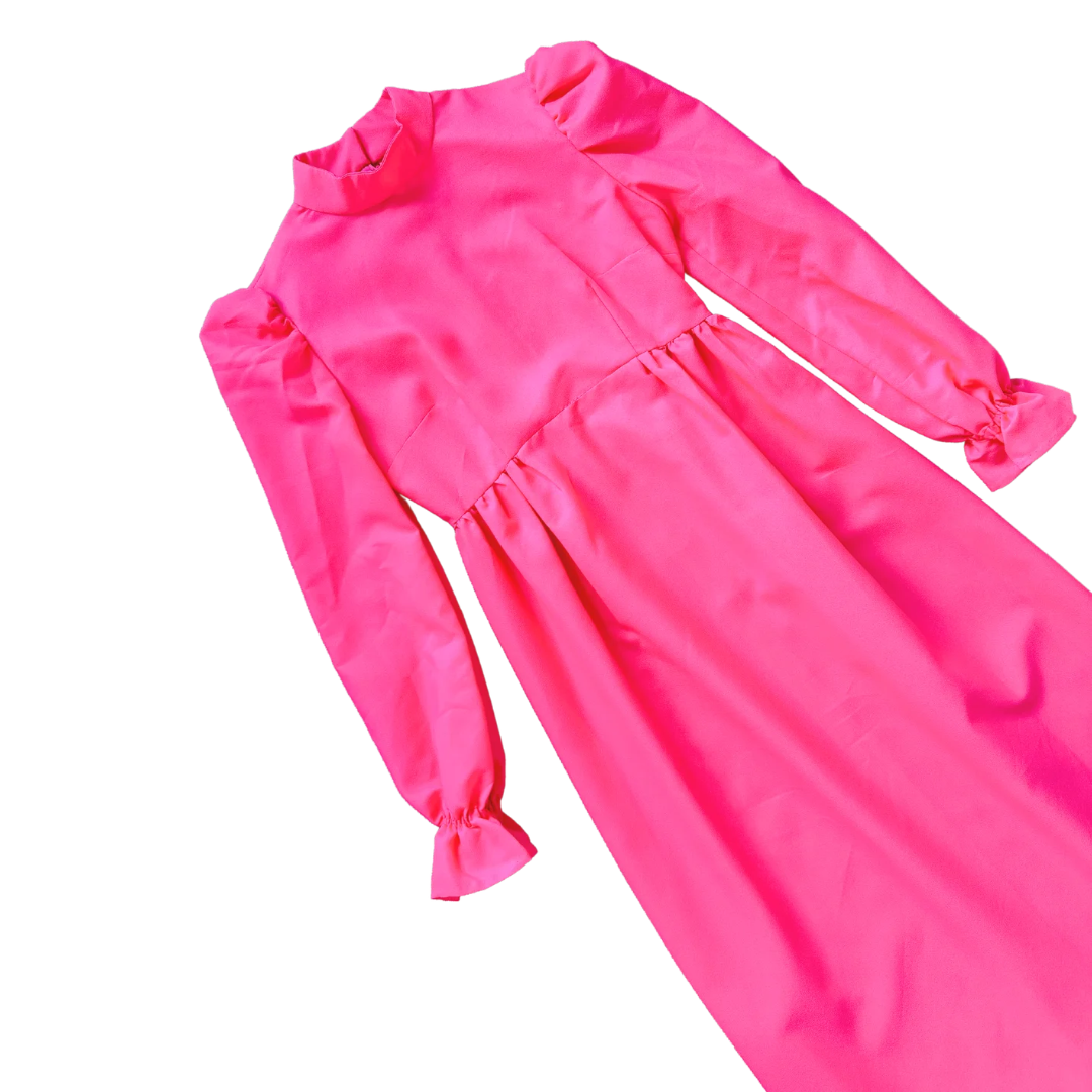 70s Neon Pink Ruffled Hem High Collar Dress | Small