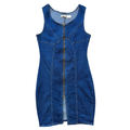 Vintage 1990s-2000s Vogelon Dark Wash Zipper Front Denim Midi Mini Dress with Sun Stitched Motif