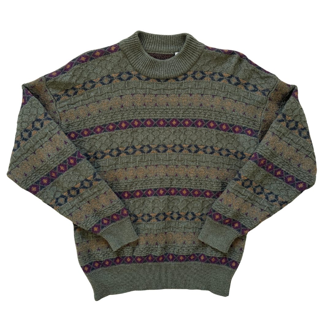 Vintage 1980s-1990s 100% Italian Wool Dark Geometric Knit Sweater Medium