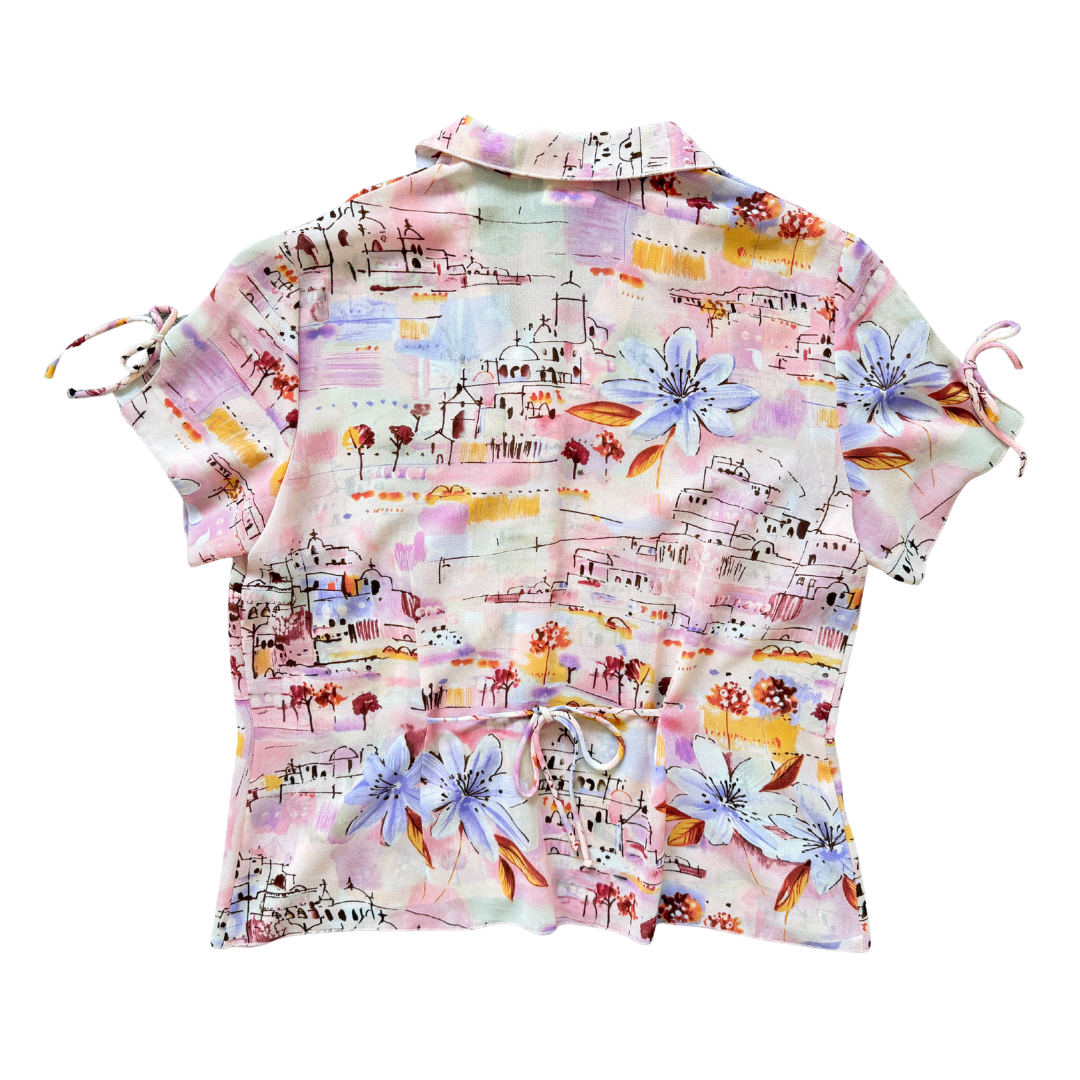 Tobi Pink Tie-Back Blouse with Purple Flowers | Medium - Large