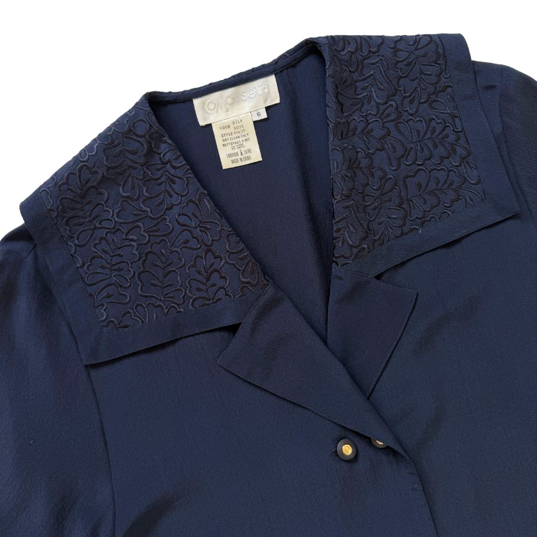Como Seta Navy Silk Blouse with Oversized Embroidered Collar | Medium - Large