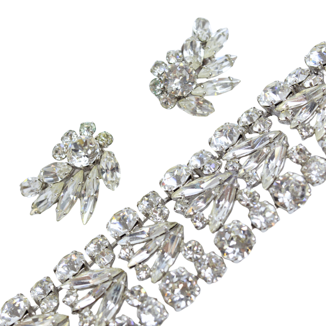 Vintage Sherman Ornate Clear Crystal Bracelet and Earring Set | 1960s