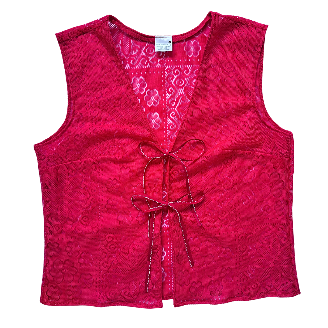 Recycled Red Floral Lace Tie-Front Vest | Large