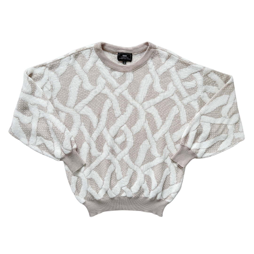 Vintage 80s-90s Men's Sears White and Beige Geometric Knit Crewneck Sweater | Large