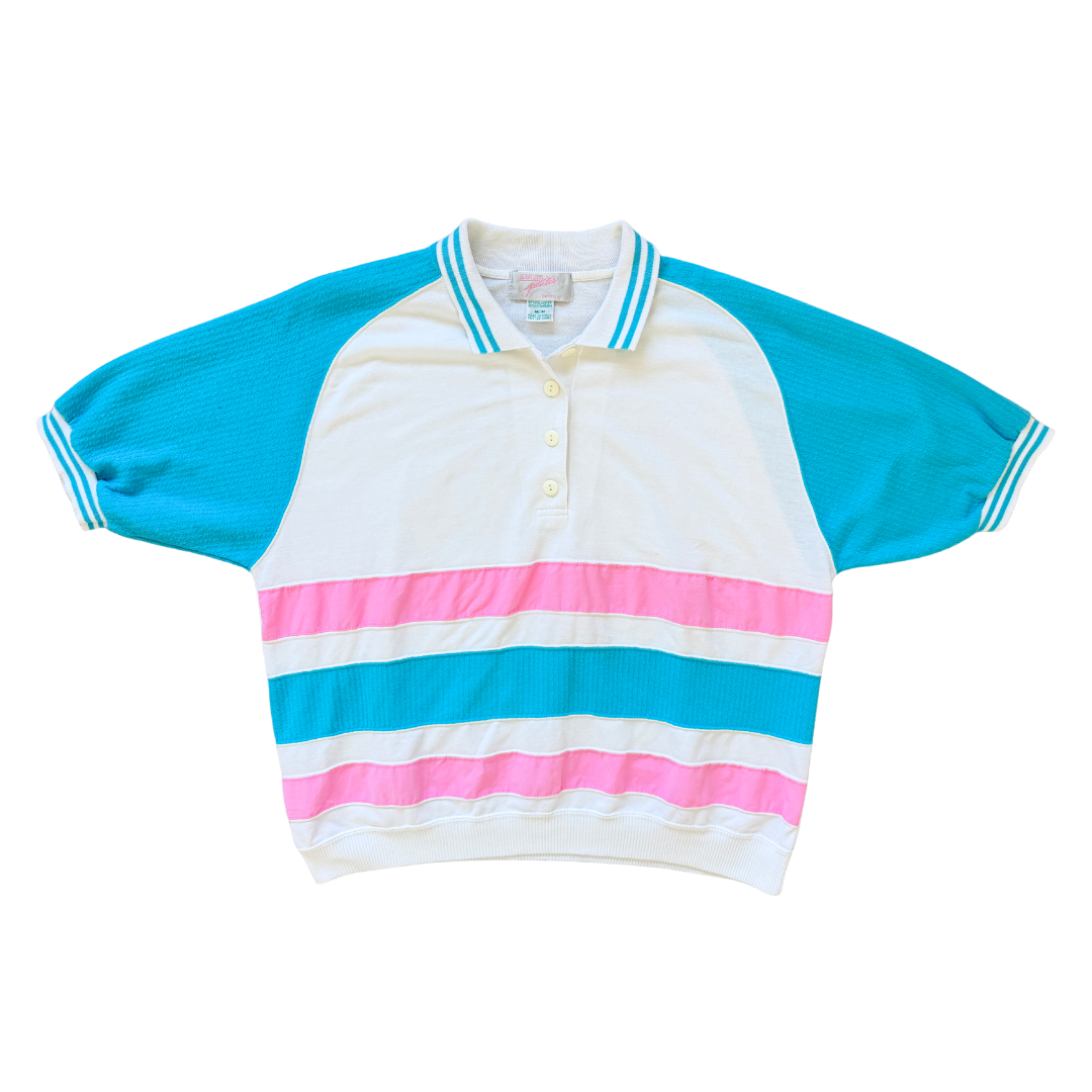 Vintage 1980s-1990s Bay Club Petites Pastel Pink, Blue and White Colour Block Short Sleeve Polo Shirt Medium - Large