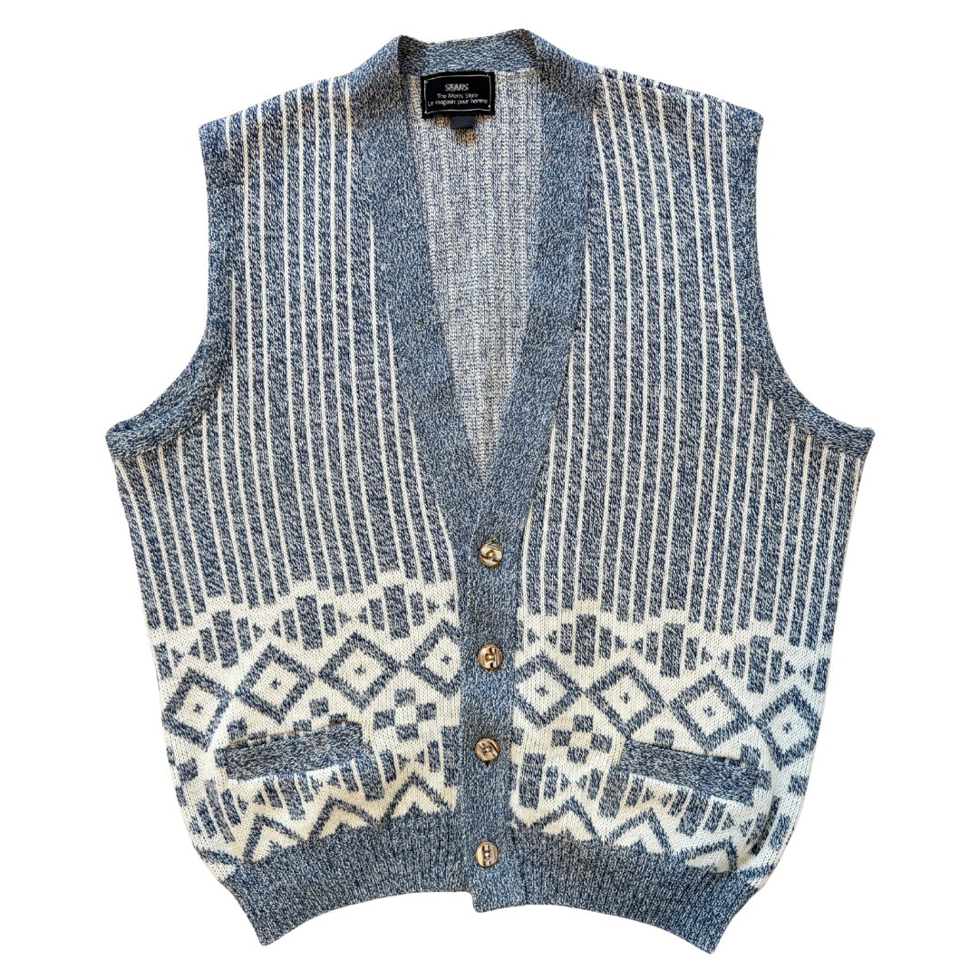Vintage 1980s Sears - Made in Canada Blue and White Geometric Knit Vest Extra-Large