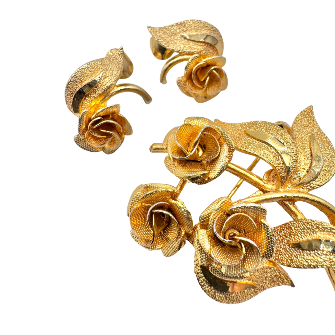 Vintage Signed Coro Goldtone Floral Brooch and Earring Set |1980s