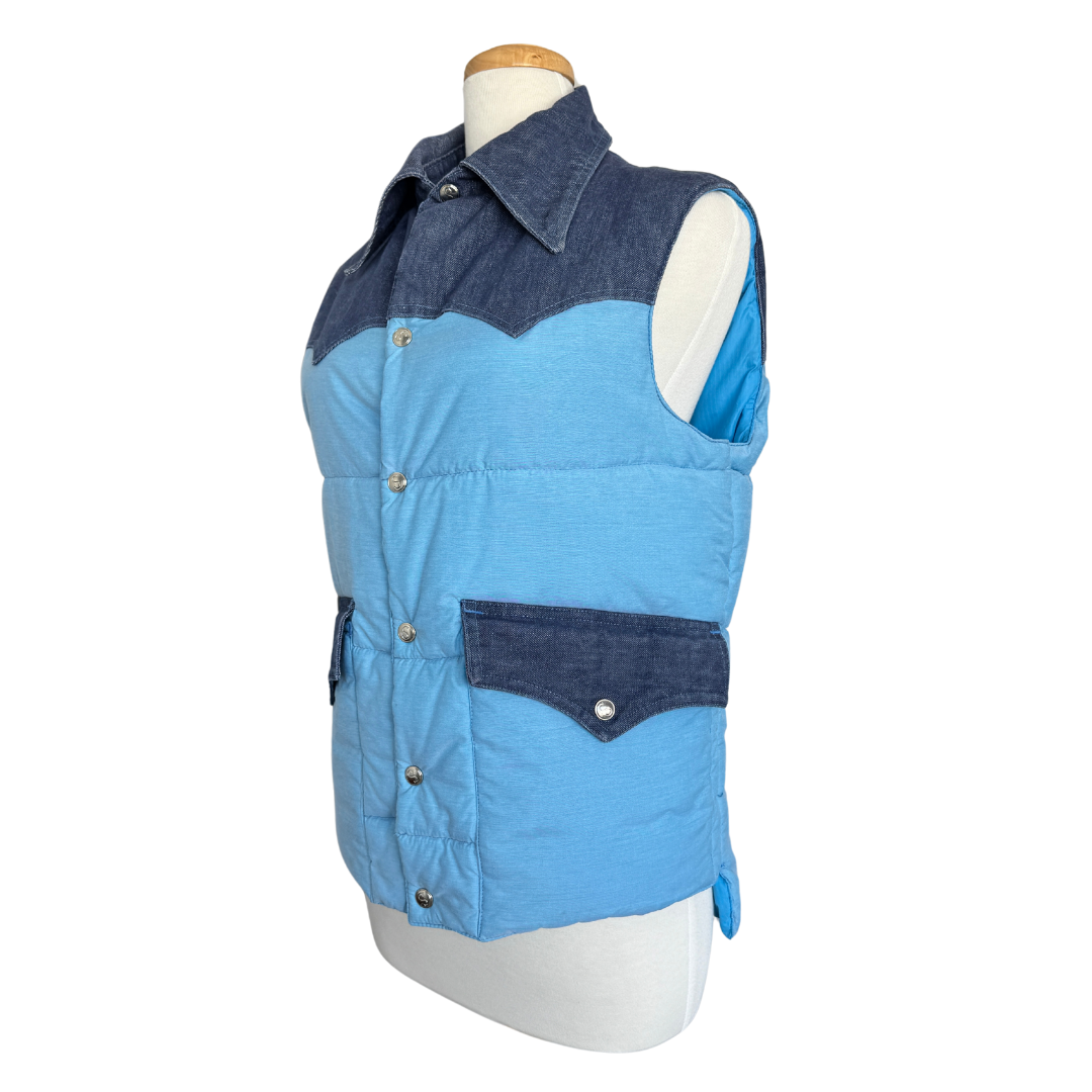 Sprung Blue Puffer Vest with Denim Details | Medium