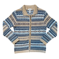 Vintage 1990s-2000s Northern Reflections - Made in Canada Blue and Beige Collared Cotton Blend Faire Isle Cardigan Small