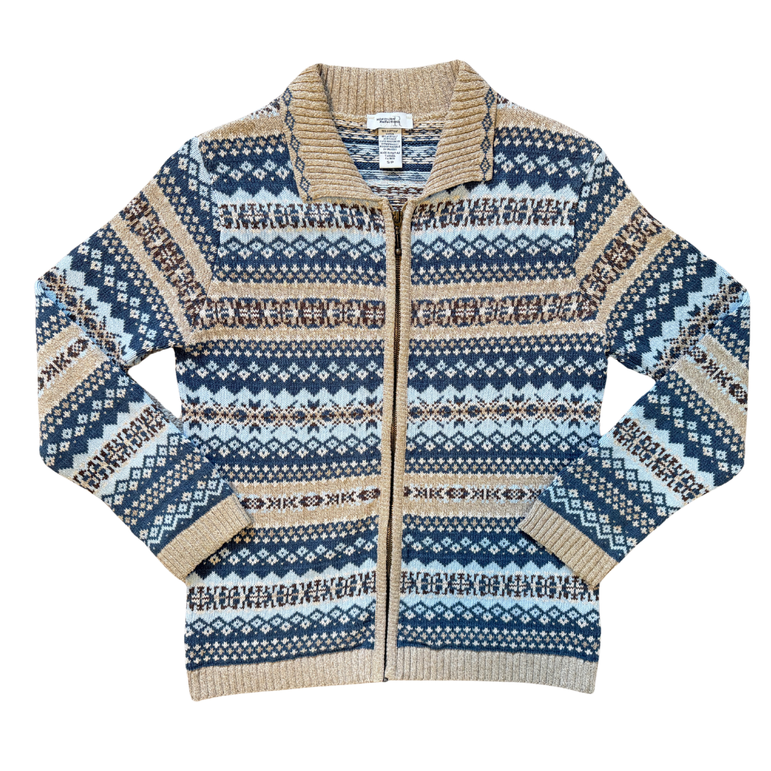Vintage 1990s-2000s Northern Reflections - Made in Canada Blue and Beige Collared Cotton Blend Faire Isle Cardigan Small