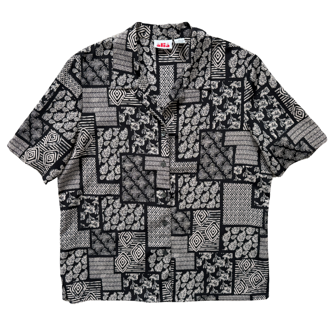 Vintage 90s Alia Black and Beige Floral and Geometric Print Blouse | Large / Extra-Large