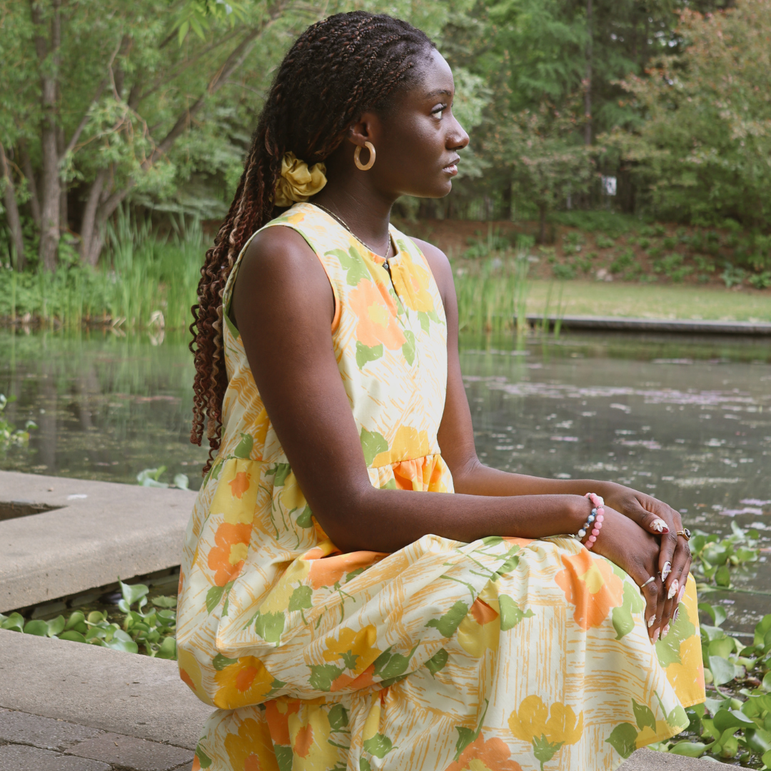 Recycled Bold Yellow and Orange Floral Ruffled Midi Play Dress | Extra-Small