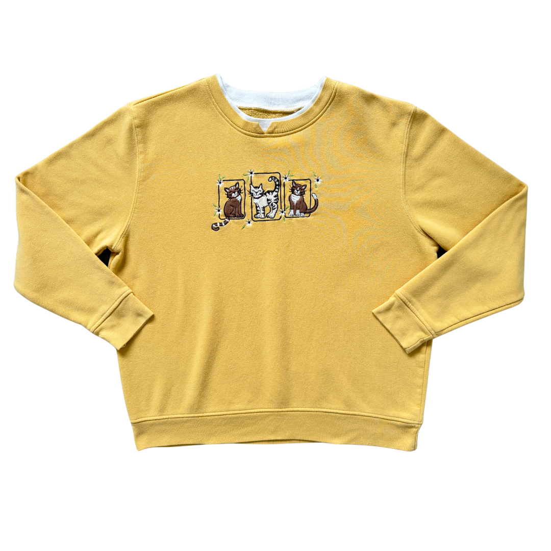 Vintage 90s Yellow Cat Applique Crewneck Sweatshirt | Extra-Large