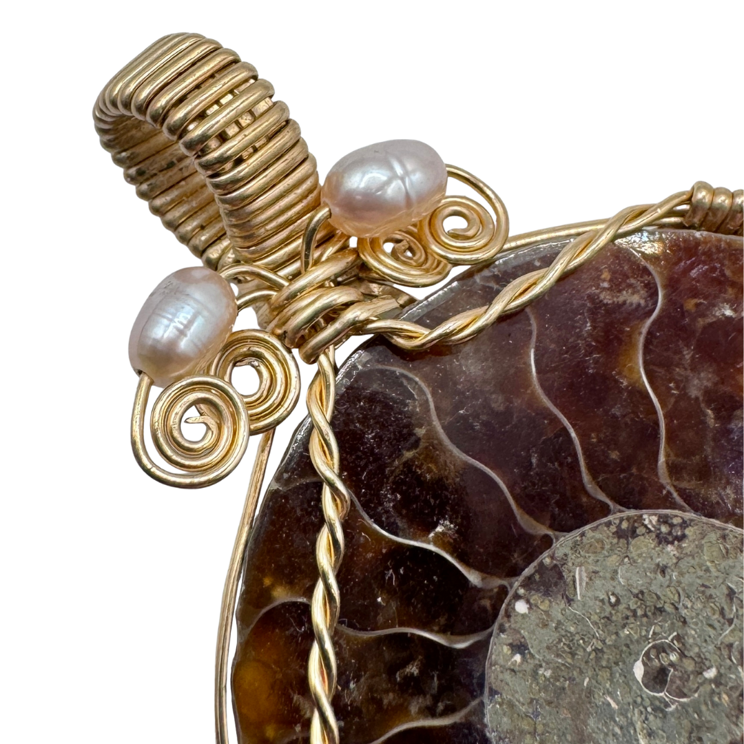 Wire Wrapped Ammonite Pendant with Freshwater Pearls