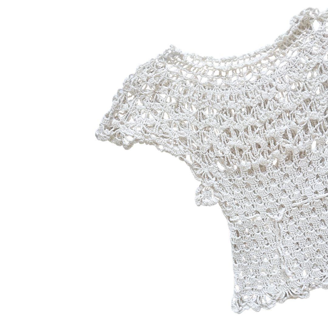 Hand Crocheted White Short Sleeve Blouse | Extra-Small / Small