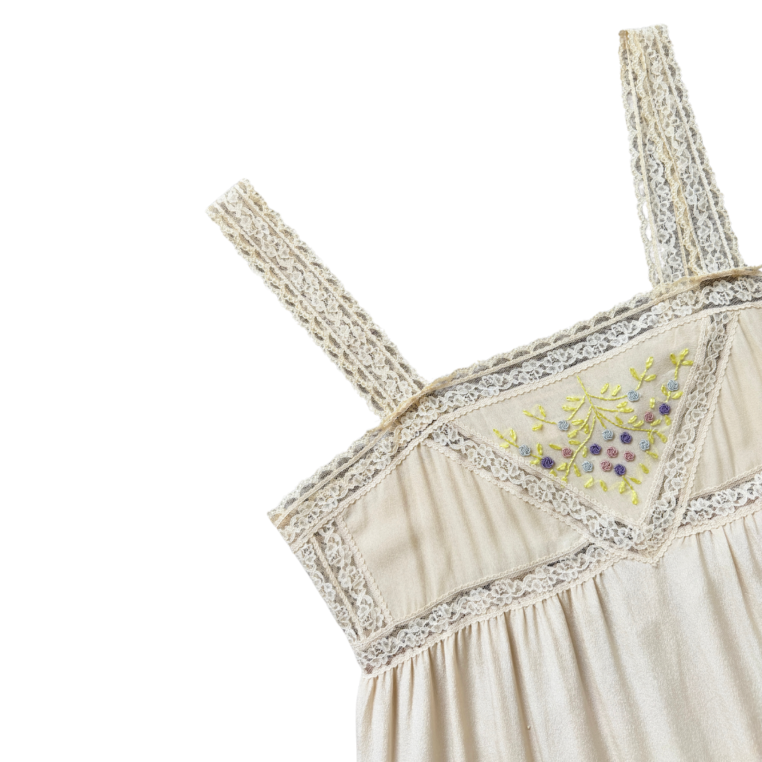 SASS Lace Trim Silk Dress with Crochet and Embroidered Floral Detail | Small - Medium