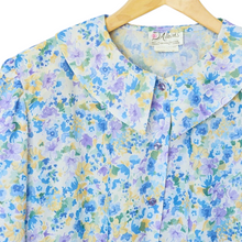 Load image into Gallery viewer, Blue Yellow and Purple Floral Blouse with Peter Pan Collar | M
