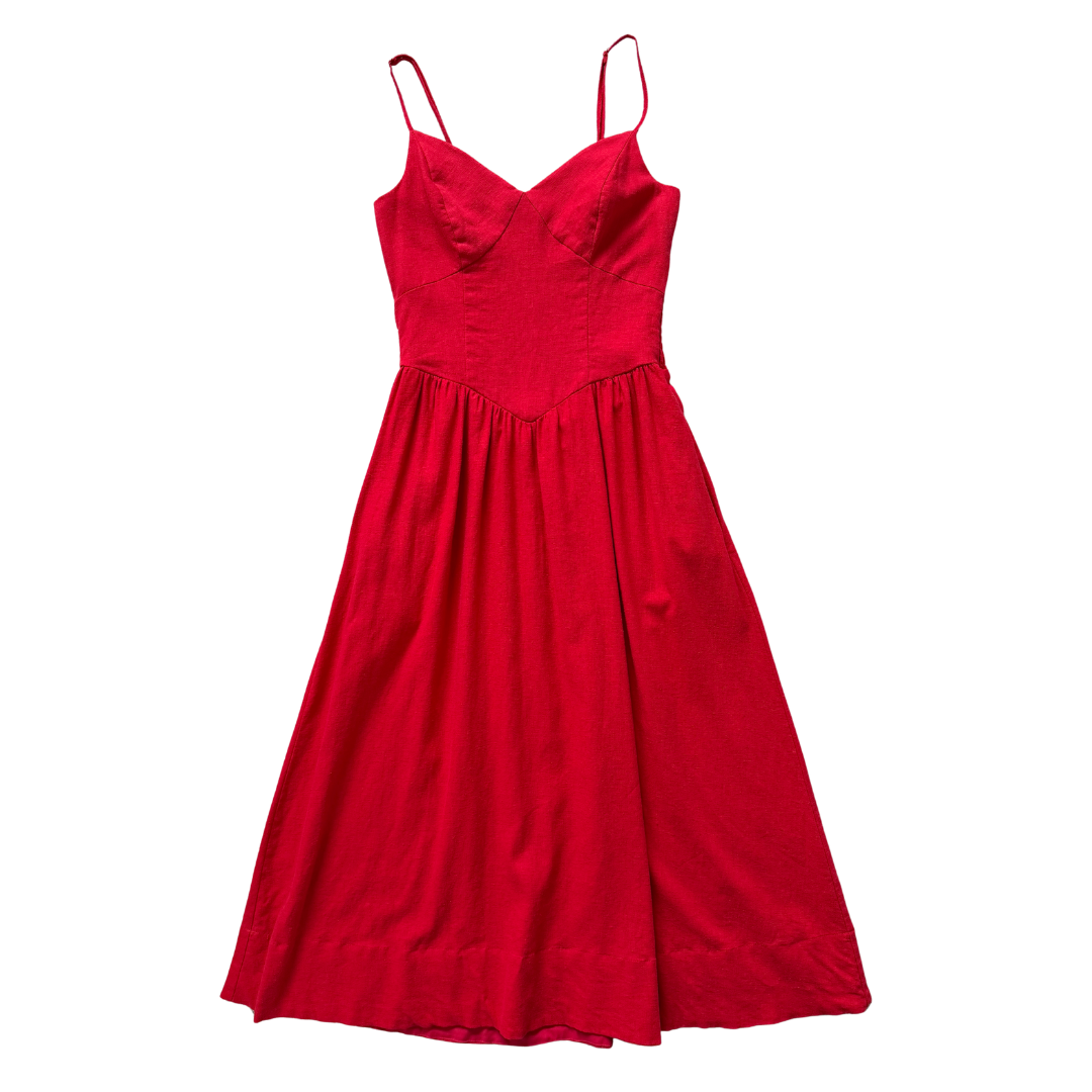 Christian Lacroix Red Linen Black Maxi Dress | Extra-Small