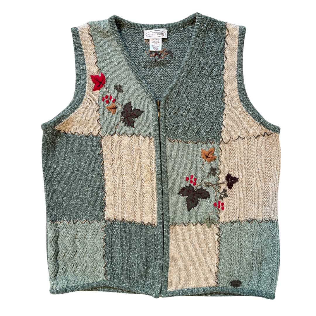 Vintage 1990s-2000s Northern Reflections Red, Green, Brown and Beige Knit Vest with Leaf Applique