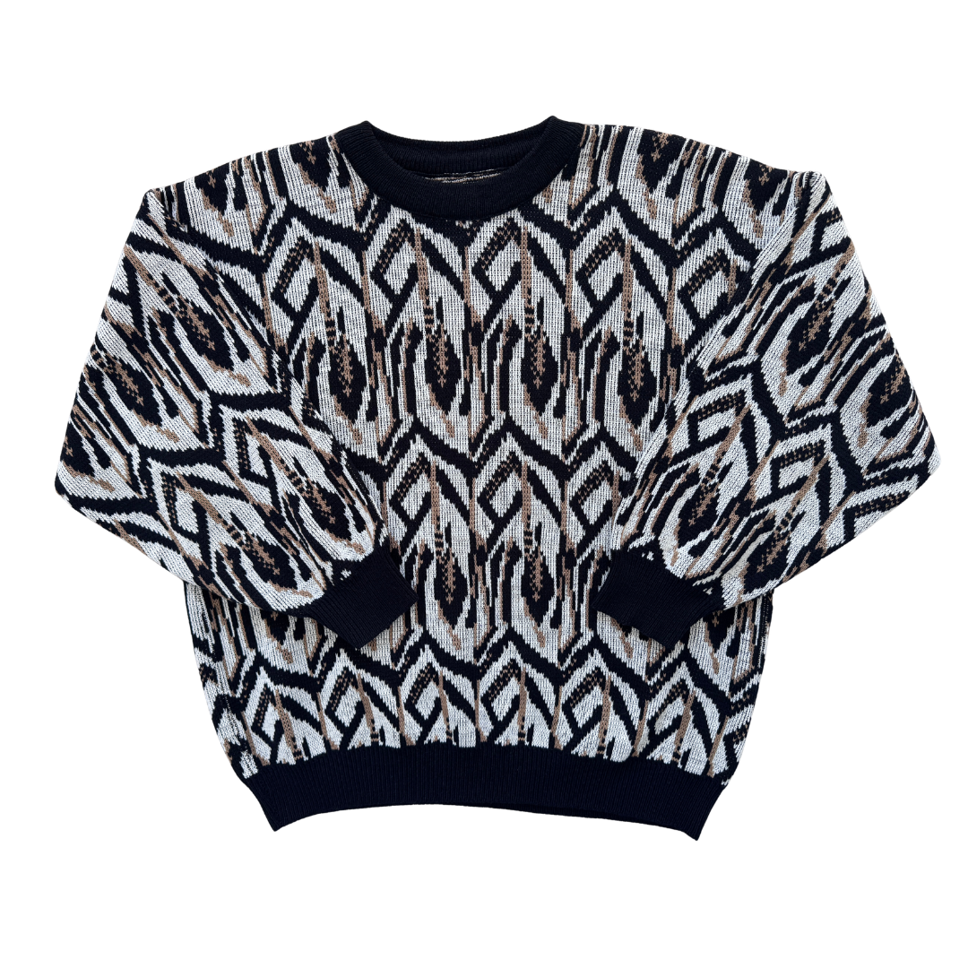 Vintage Black and White Geometric Print Retro Crewneck Sweater | Medium