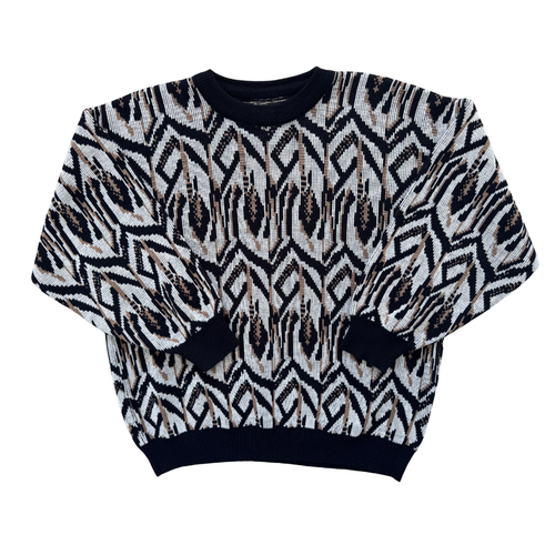 Vintage Black and White Geometric Print Retro Crewneck Sweater | Medium