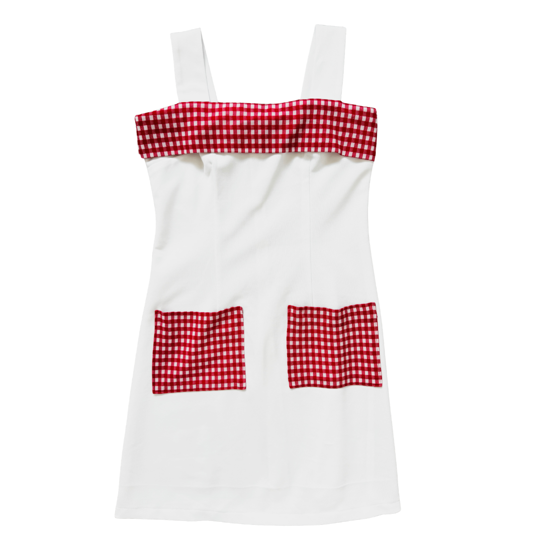 Vintage 70s White Fortrel Sleeveless Dress with Red and White Gingham | Small