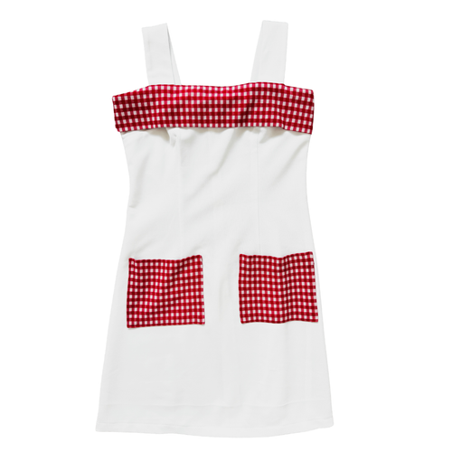 Vintage 70s White Fortrel Sleeveless Dress with Red and White Gingham | Small