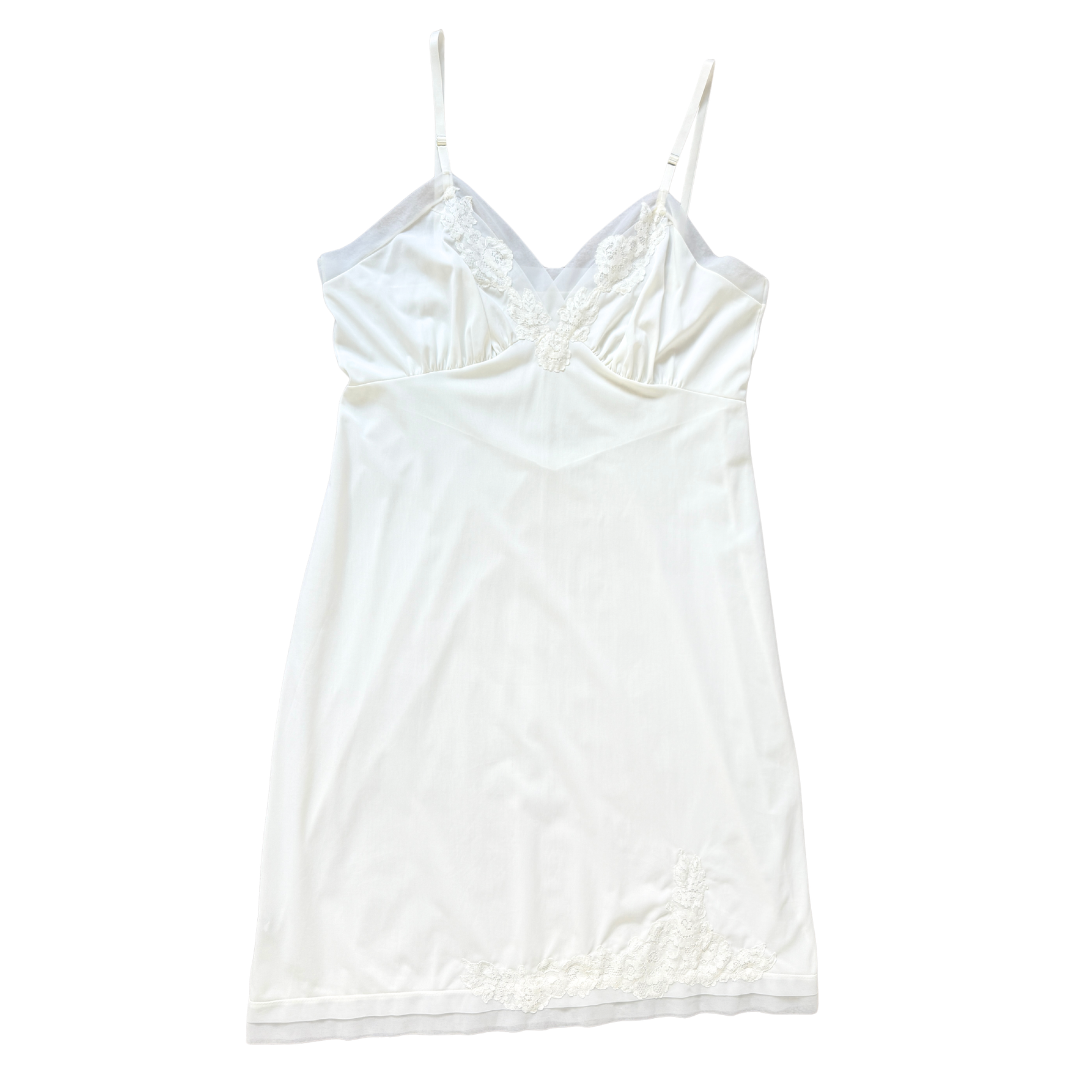 Vintage 70s Van Roalte White Slip Dress with Floral Applique | Large