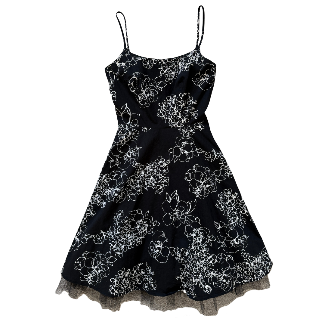 Vintage 90s Y2K Be Smart Black and White Floral Midi Dress with Tulle Underlay | Small - Extra-Small