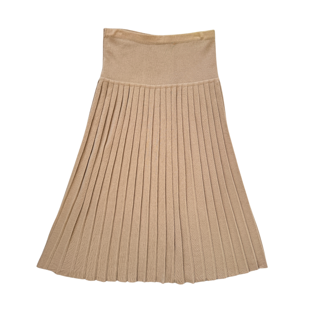Vintage 1980s Saks Fifth Avenue Tan Pleated Merino Wool Skirt | Medium-Large