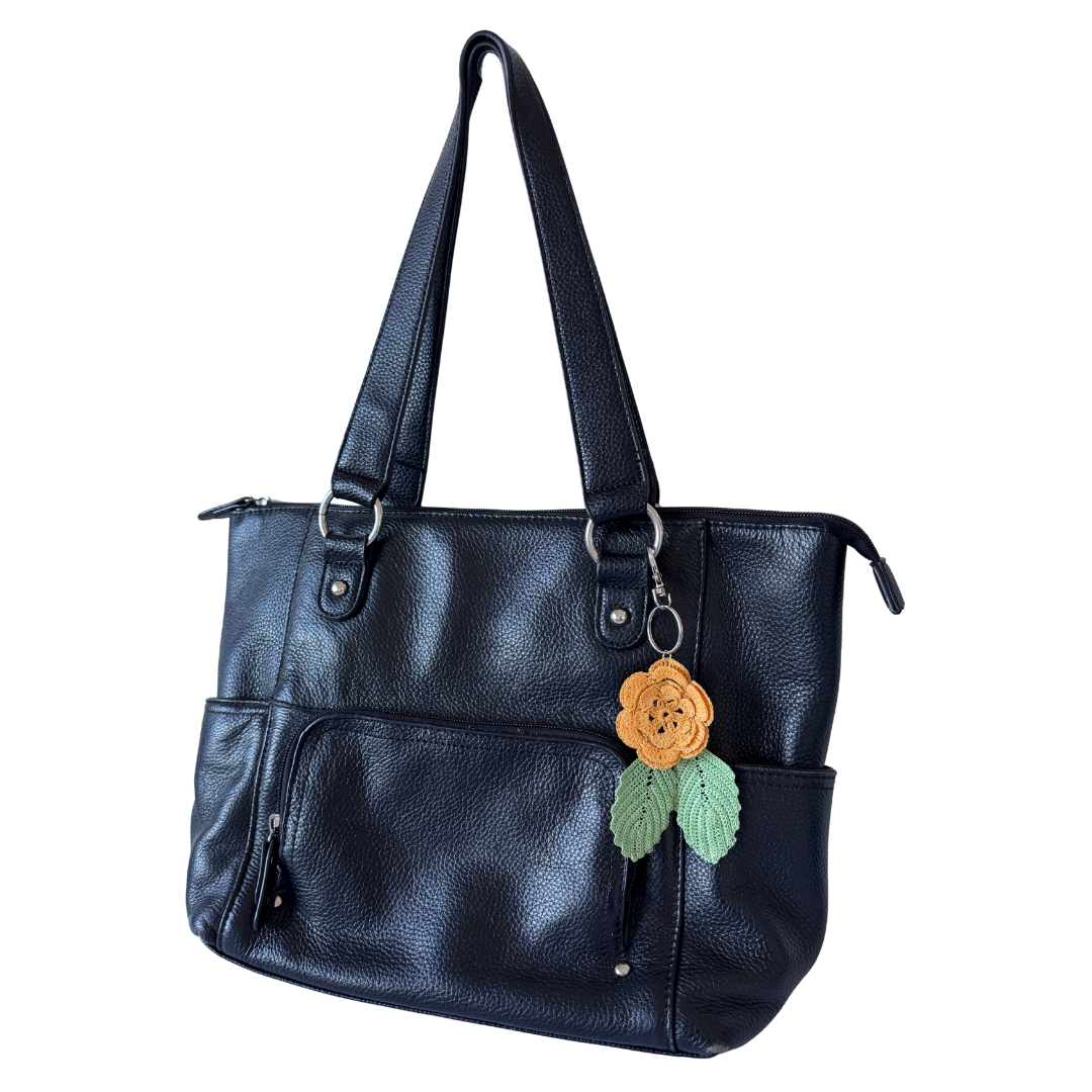 Recycled Yellow Rose and Leaves Crocheted Doilie Keychain/Purse Charm