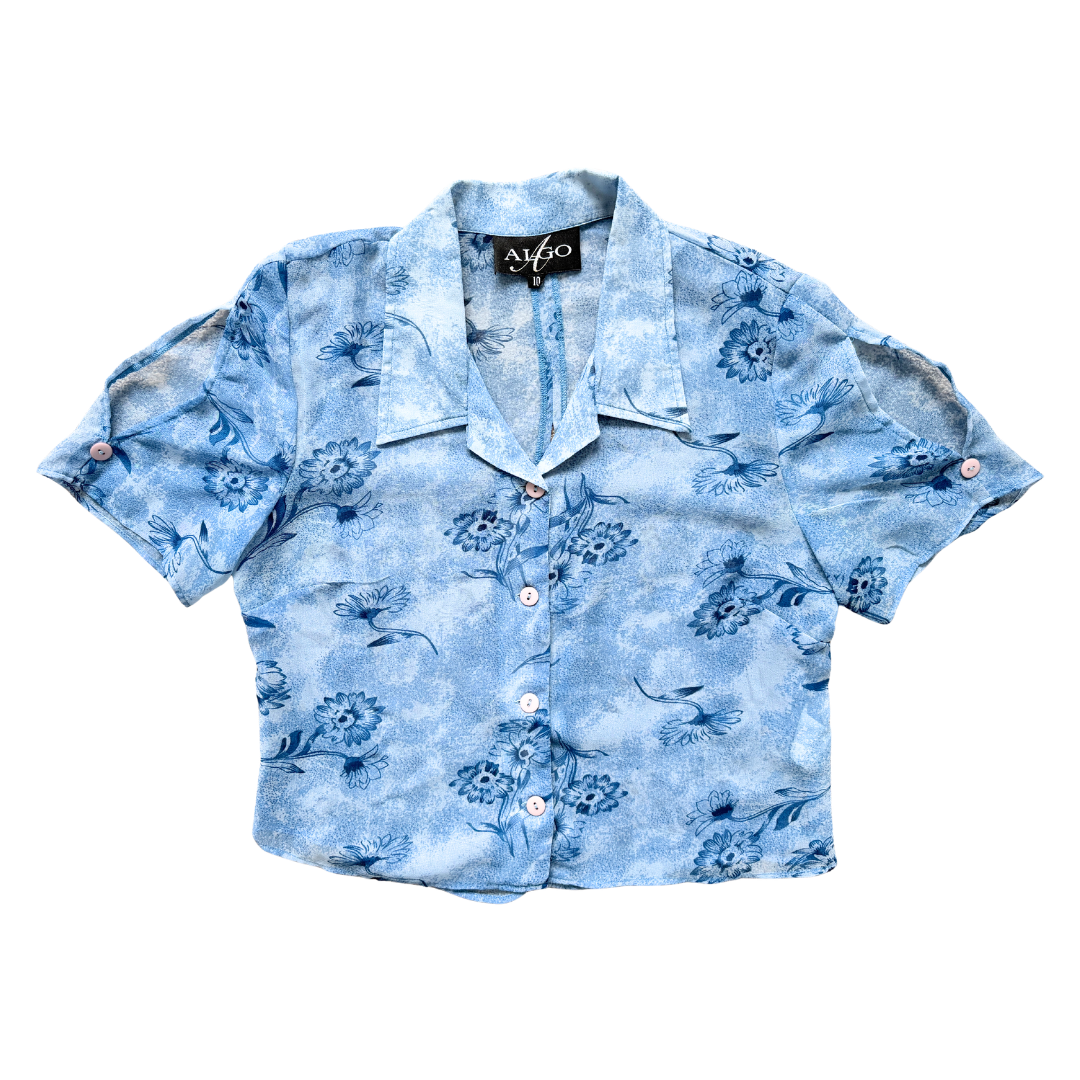 Vintage 90s Algo Sheer Blue Floral Blouse with Slits | Medium