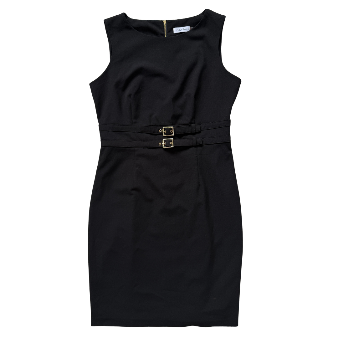 Vintage Y2K Calvin Klein Black Midi Dress with Gold Buckles | Medium