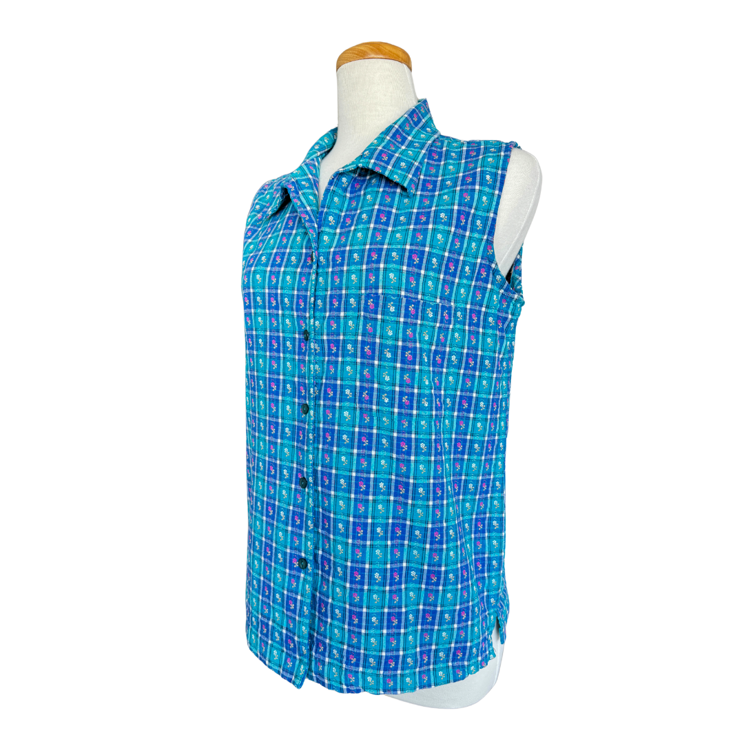 Teal Floral Plaid Sleeveless Blouse | Medium-Large