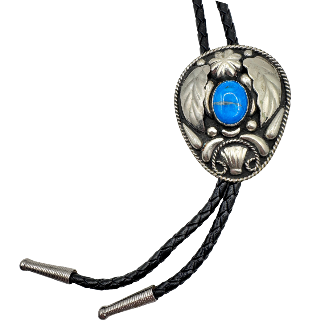 Double S Silver Leaf Bolo Tie with Turquoise Stone