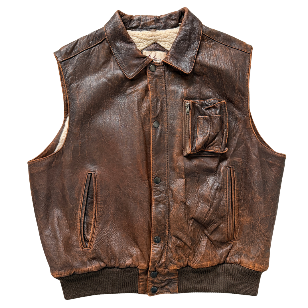 Vintage 80s-90s Adam Spencer Sherpa Lined Brown Leather Utility Vest | Large