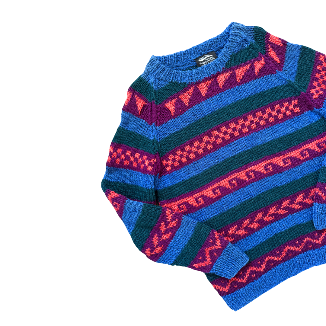 Blue, Orange, Purple and Green Abstract Print Wool Sweater | Large / Extra-Large