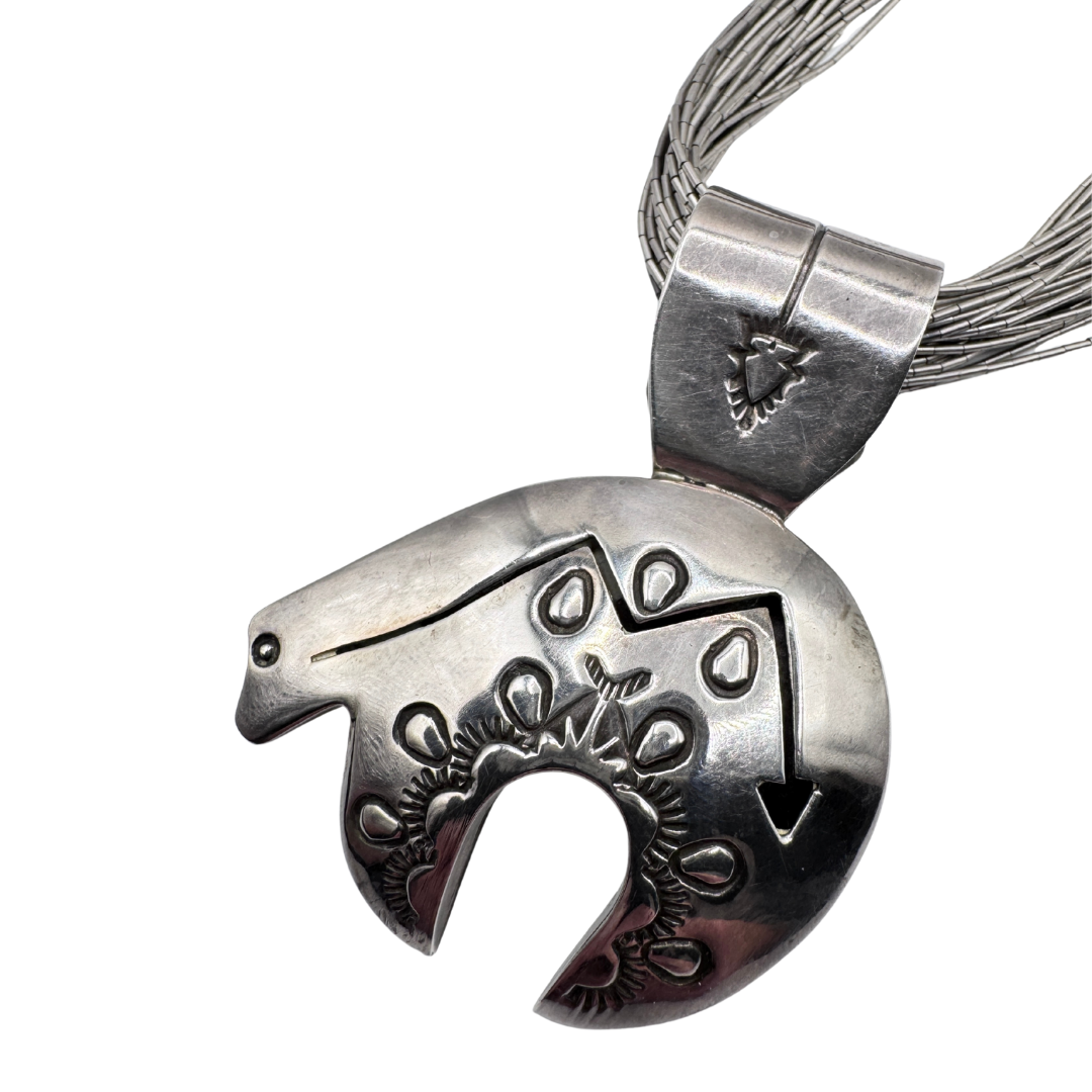 Joe Delgarito Sterling Silver Navajo Lightning Bear Pendant Necklace