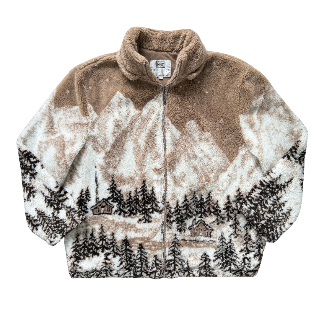 Vintage 90s Y2K Ego Collection Brown Forest Print Fleece Coat | Extra-Large