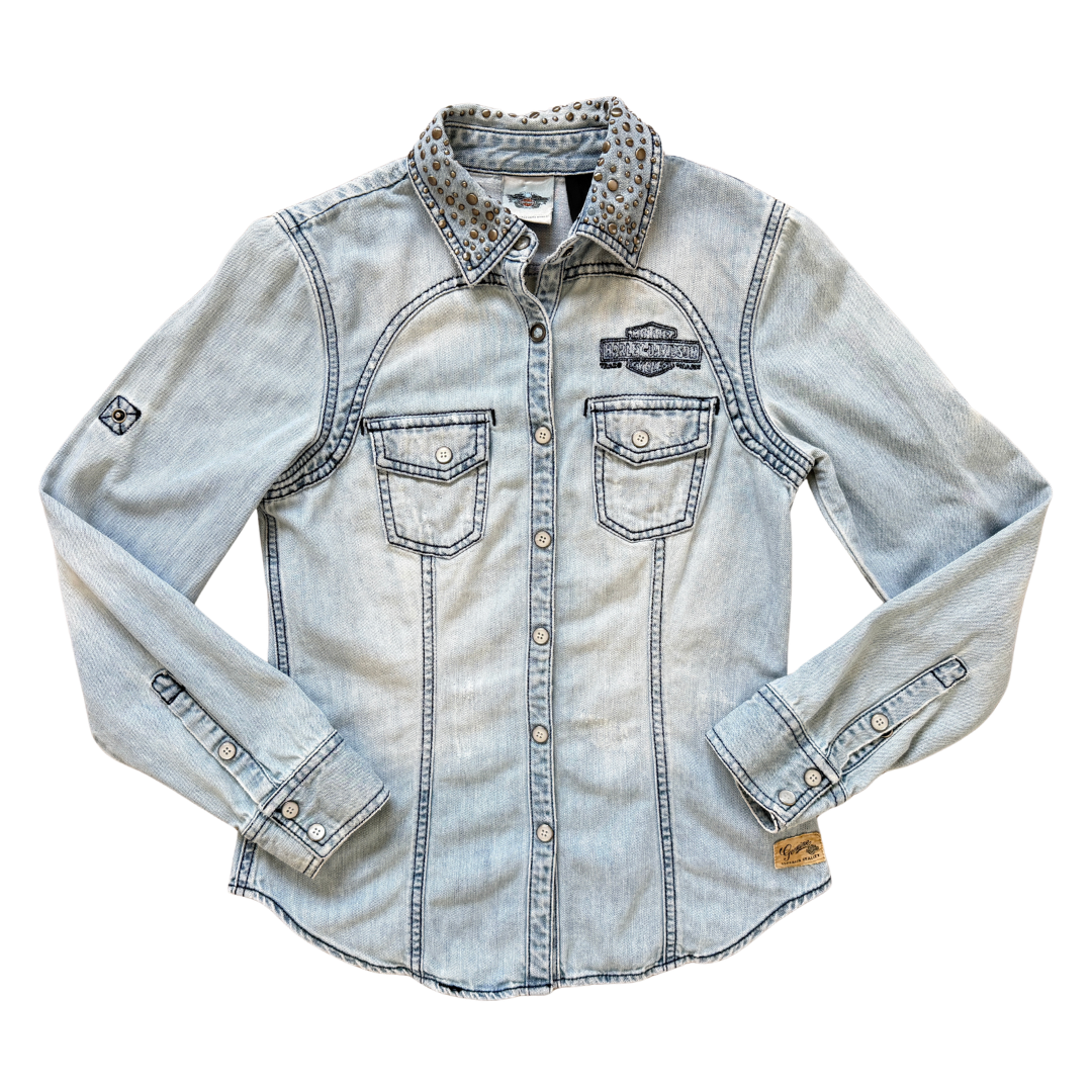 Vintage Y2K Harley Davidson Studded Denim Shirt | Extra-Small