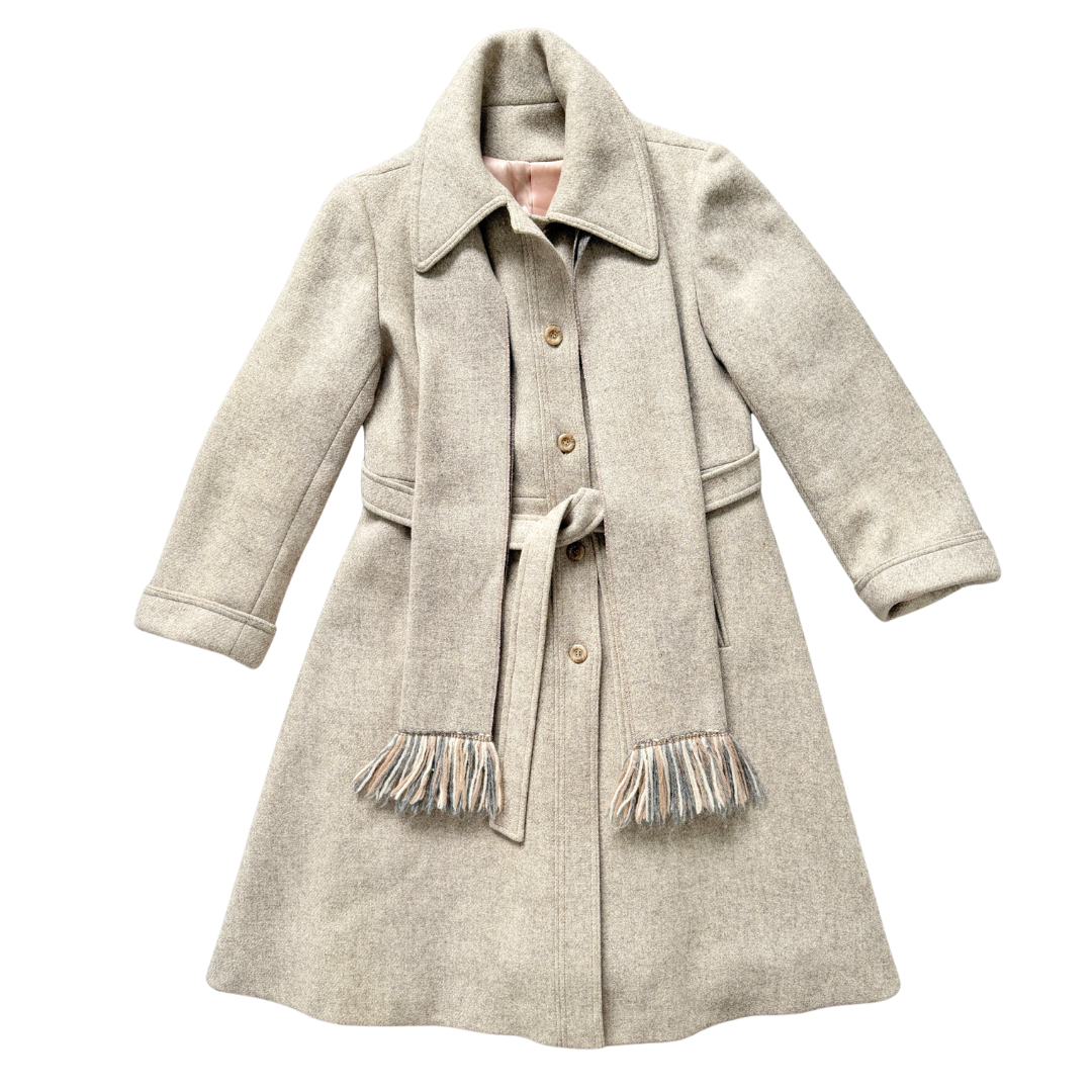 Vintage 80s Sterling Stall Beige Wool Belted Trench Coat with Scarf | Small- Medium