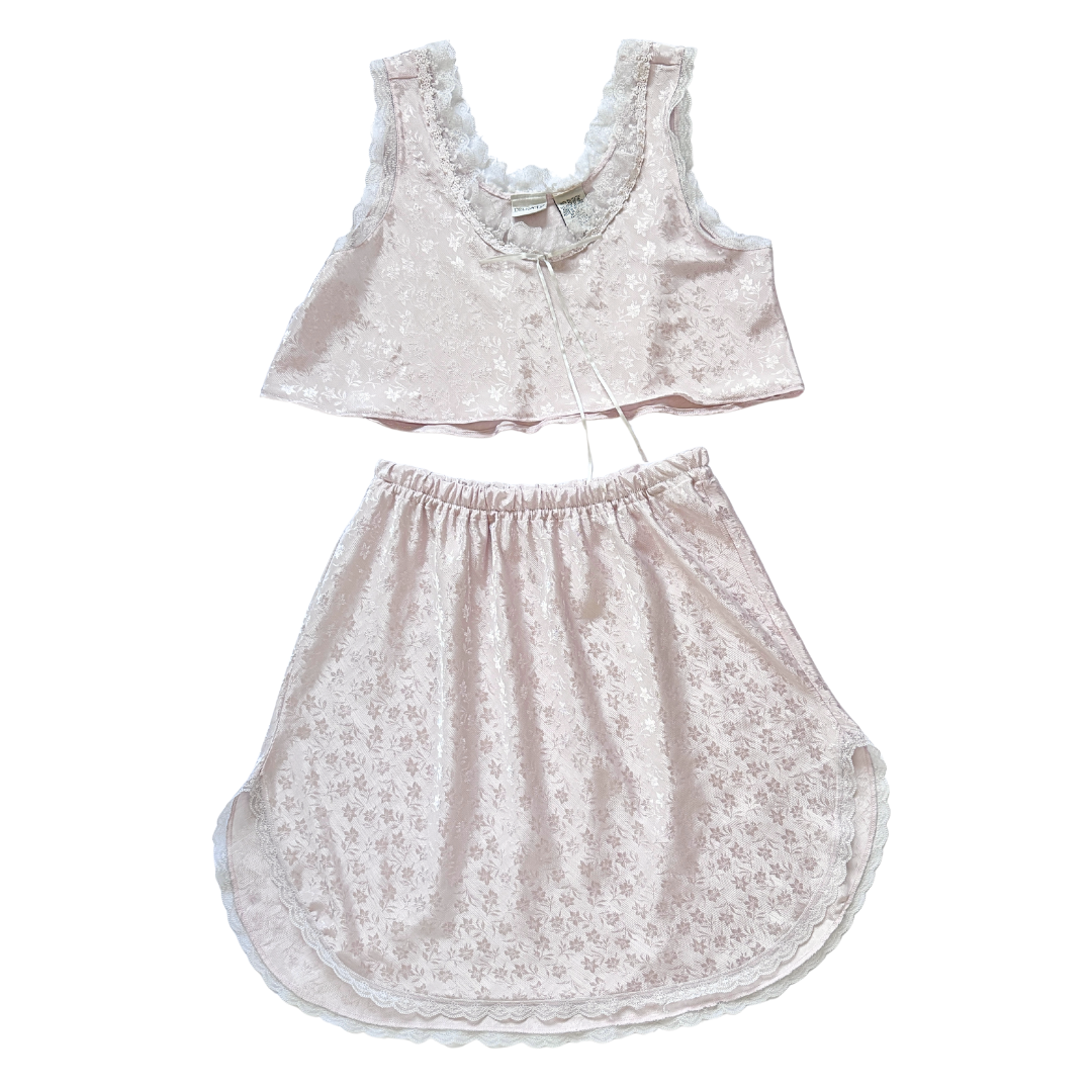 Reworked Vintage Satin Floral Nightie Coord Set | Medium-Large