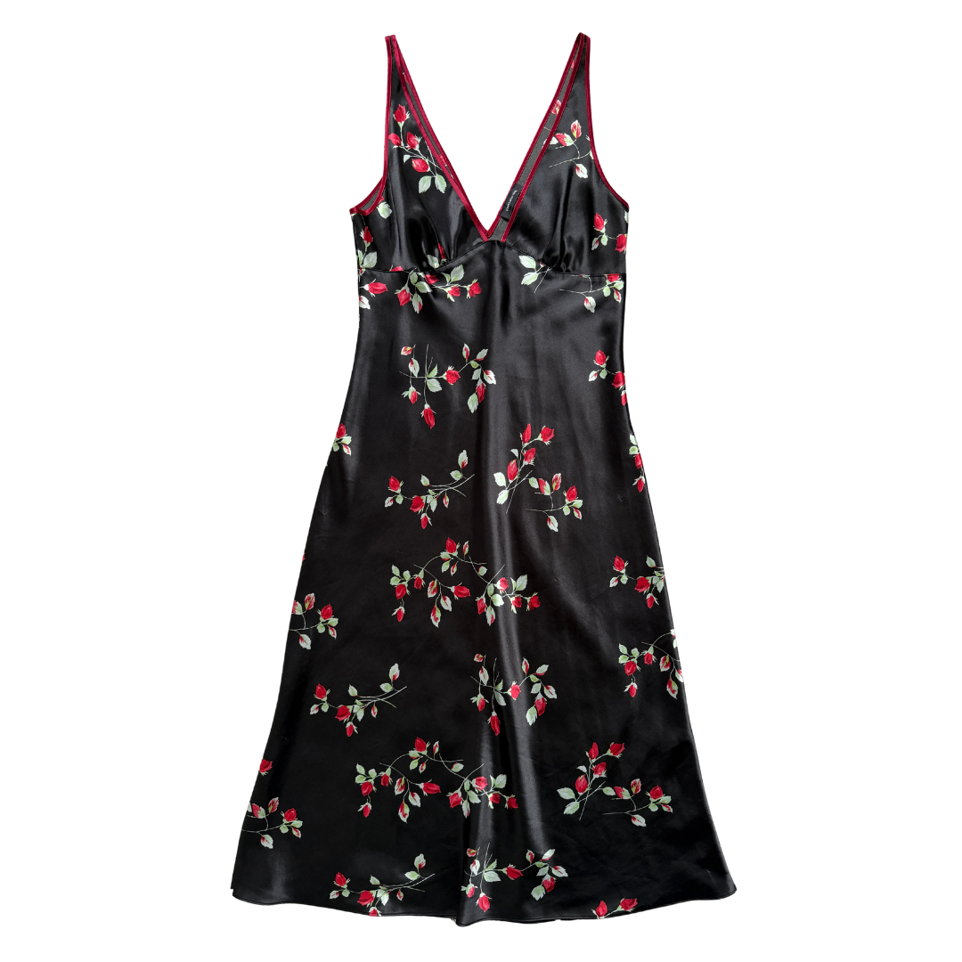 Vintage 90s Y2K Jones New York Black Satin Maxi Dress with Roses | Medium