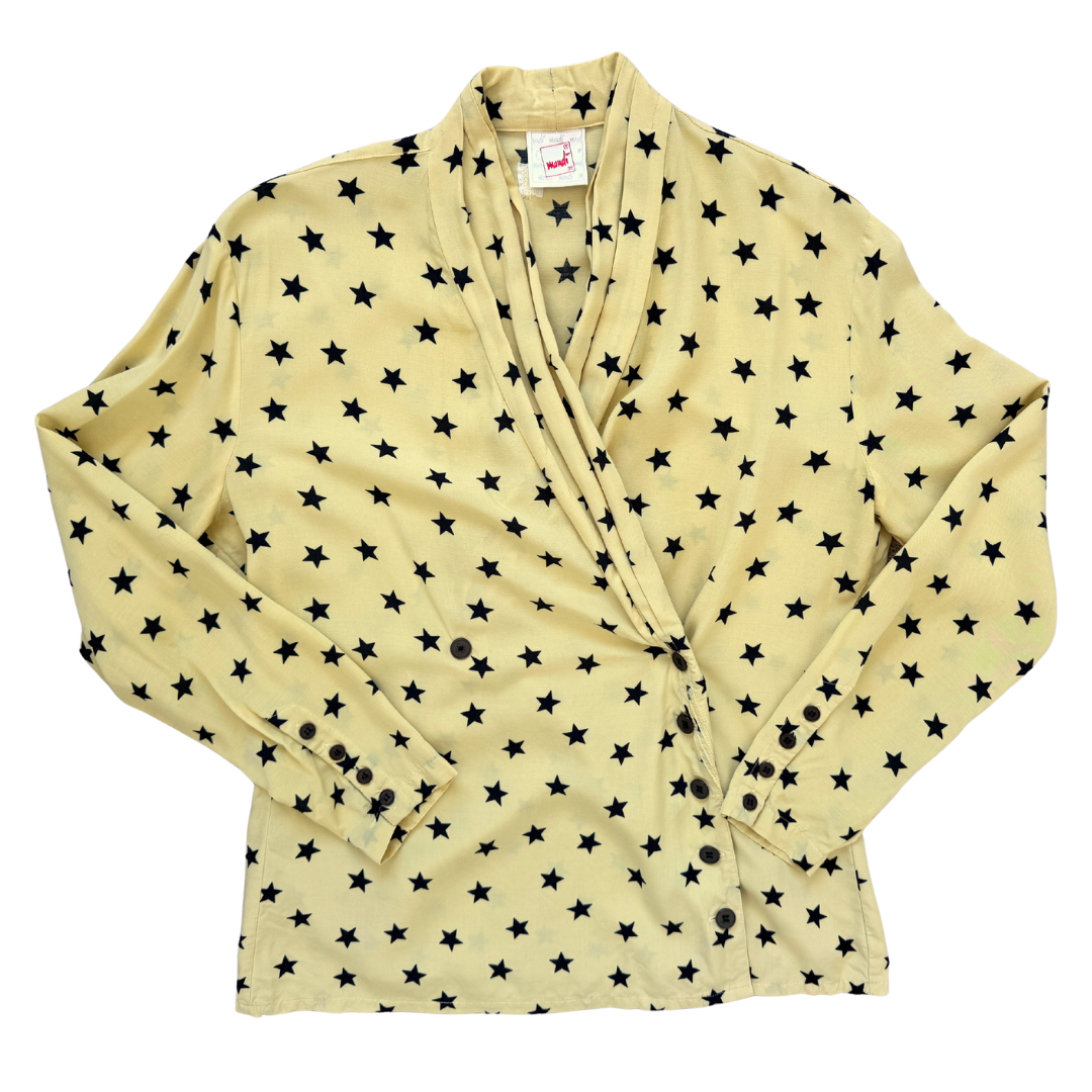 Vintage 1980s Mondi Yellow Blouse with Navy Stars and Cross-over Buttons