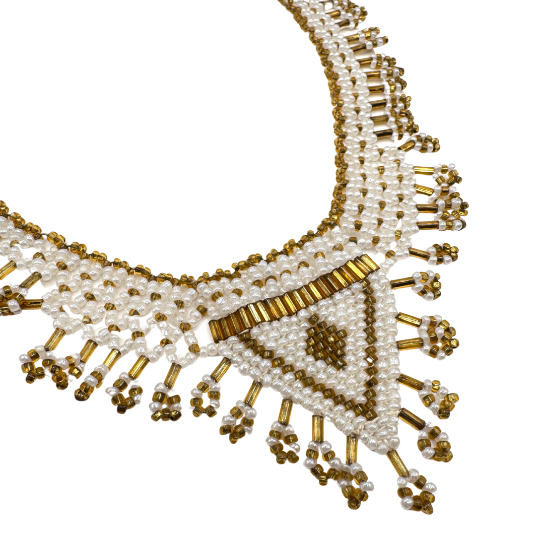 White and Gold Beaded Triangle Bib Necklace